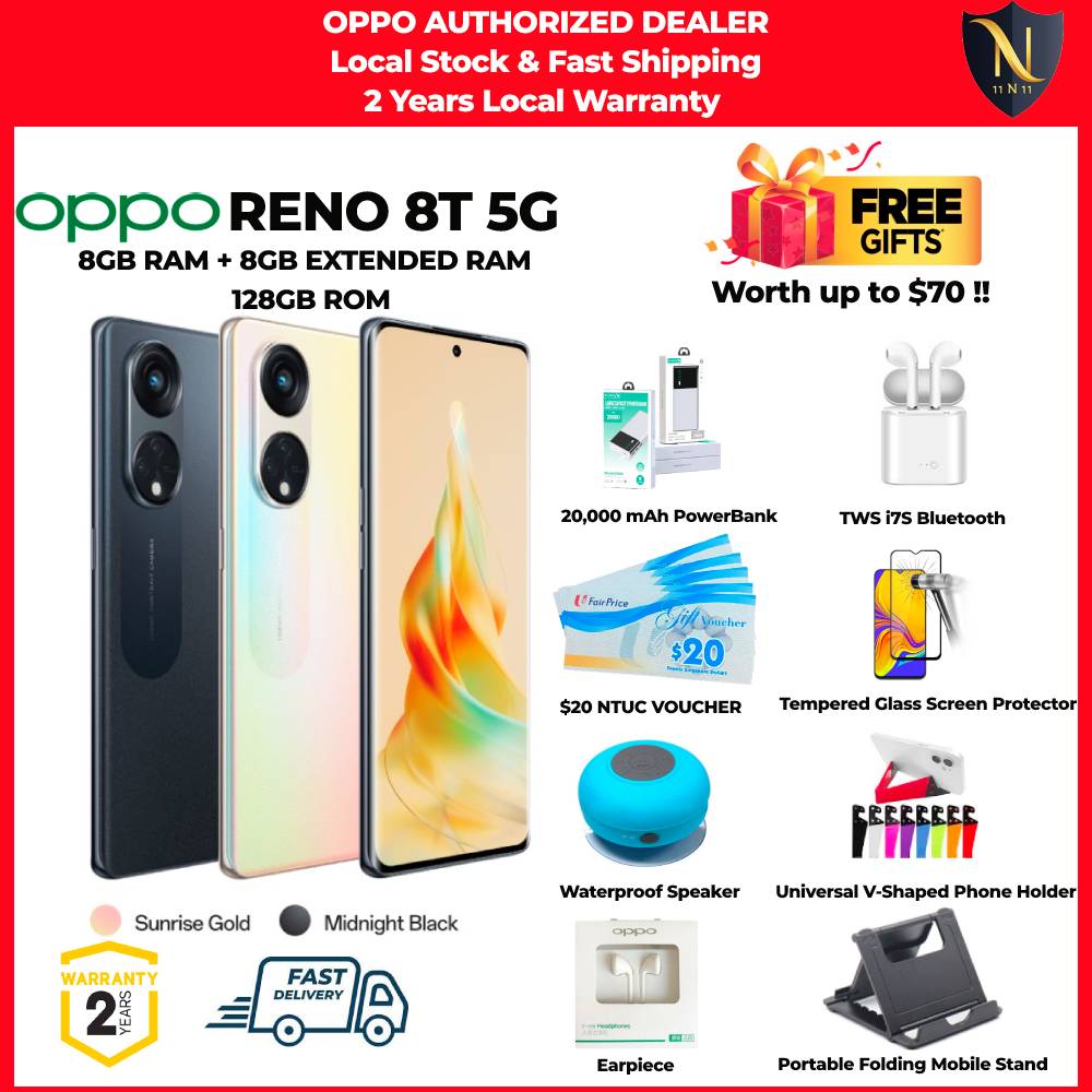 ☆NEW☆ Free $70 Worth of Gifts & Free Delivery | OPPO RENO8 T 5G /Up to 16GB RAM / 128GB ROM/2 Years Local OPPO Warranty
