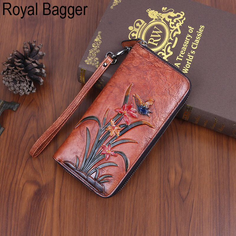 Royal Bagger Genuine Cow Leather New Fashion Women Girls Long Wallet Purse Super Hot High Capacity Retro Flower Clutch Bag Handbag Women's Multifunction Bags Casual Multi-Card Position Wallets