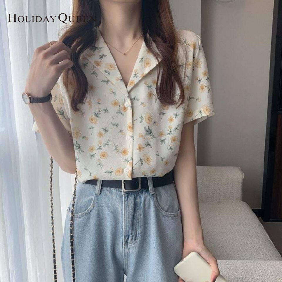 HolidayQueen Top Women's New Loose Small Fresh Floral Shirt Retro Wild Shirt Short-sleeved Design Niche HQP0900