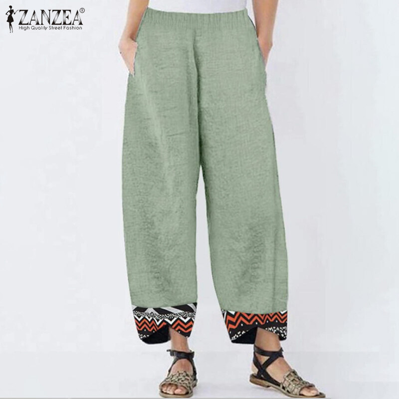 [Clearance Sale]ZANZEA Clearance Sale Womens Summer Elastic Waist Casual Pants Printed Hem Wide Leg Trousers CLE