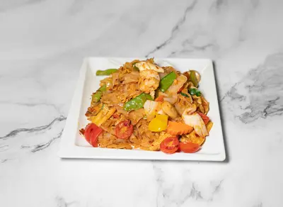 Stir-fried Flat Noodles with Seafood and Basil