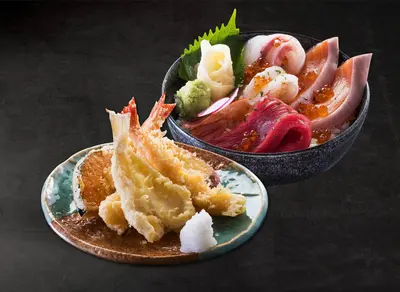 Assorted Sashimi Mini Rice Bowl . Assorted Tempura