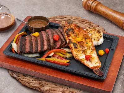 AUS. Angus Denver steak with Tiger Prawn