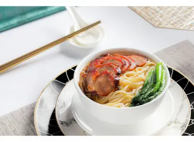 E-Fu Noodles in Soup with Barbecued Pork